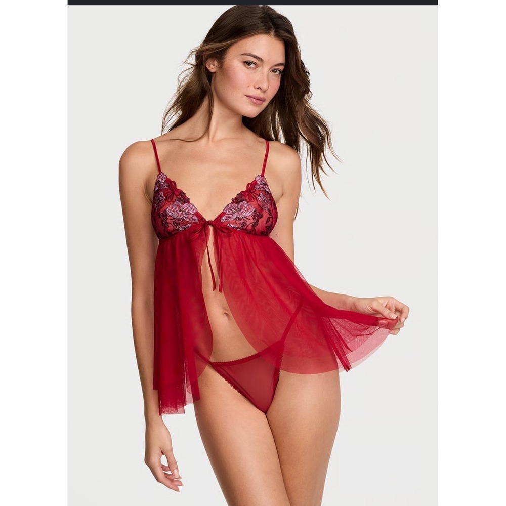 Victoria's Secret Red Beautiful Bows Embroidery Tulle Babydoll Lingerie XL